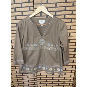 Talbots Brown Cotton Embroidered V-Neck Blouse